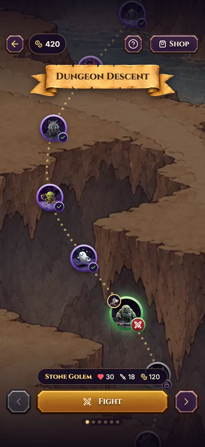 The Dungeon Descent map: a winding path down a parchment cave with a portrait at each floor and a Fight button