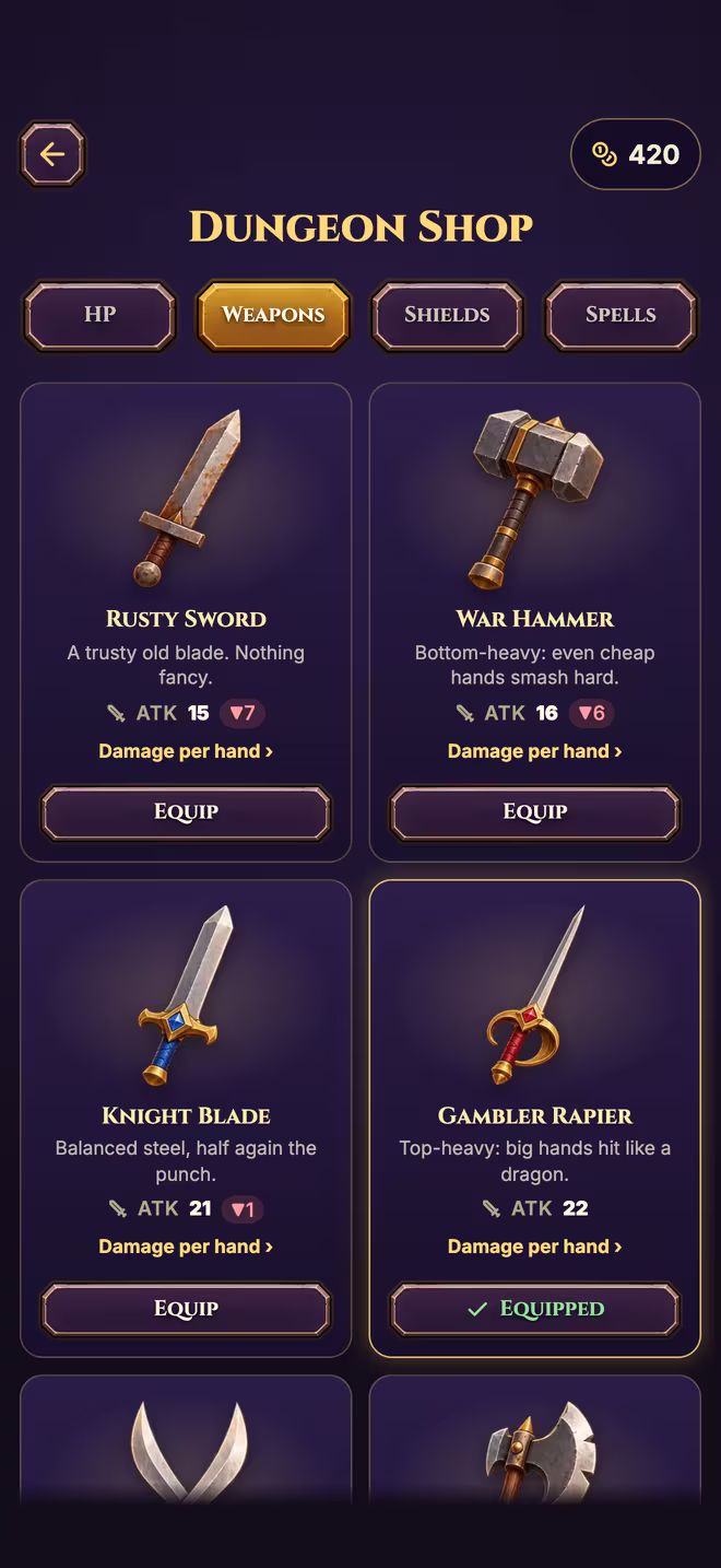 The Dungeon Shop weapons tab, with each weapon's attack and an Equip button