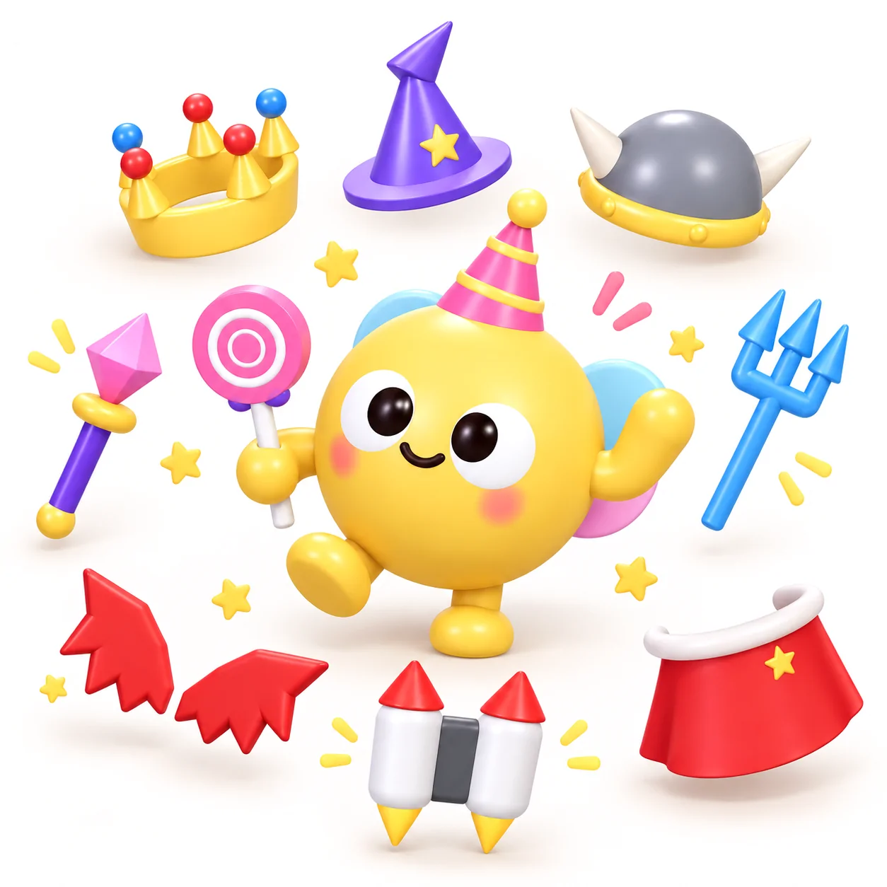 Bolt, a plush bomber in Bomber Bash, wearing a party hat and wings, surrounded by accessories: crown, wizard hat, viking helmet, wand, trident, wings, jetpack and cape