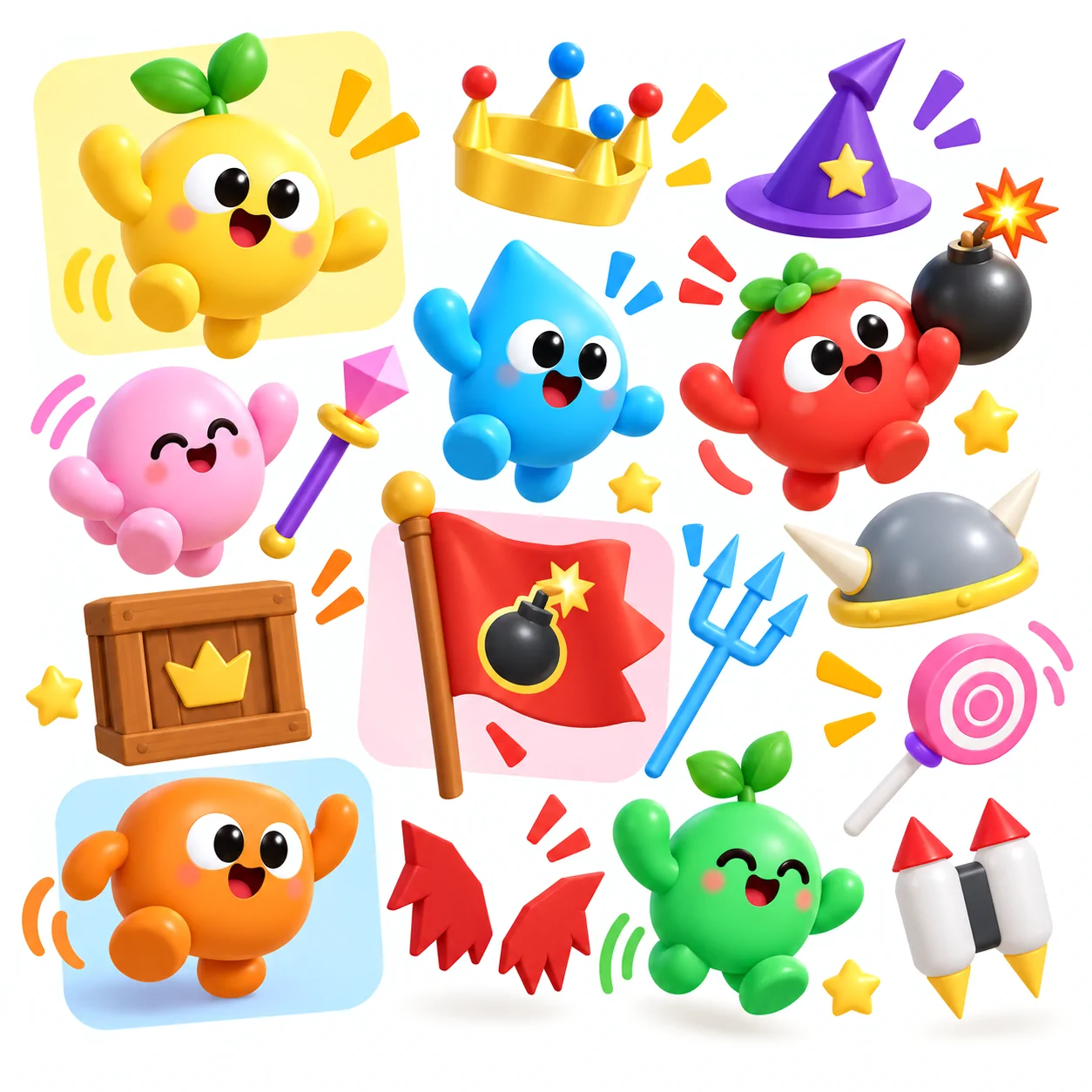Bomber Bash plush bombers Bolt, Plum, Coco, Berry, Fern and Splash with bombs, accessories and a bomb flag