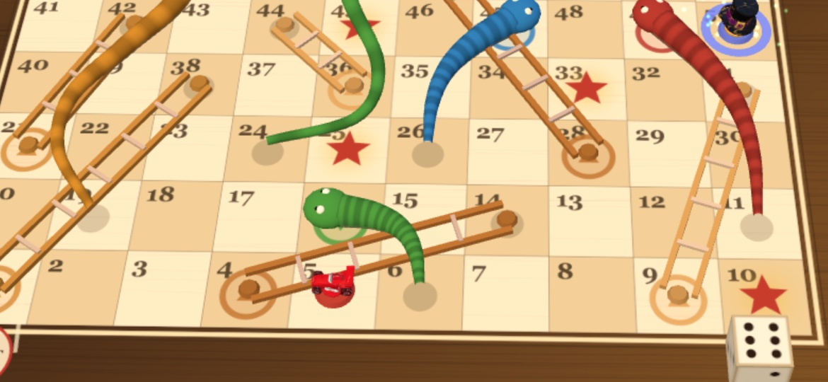 Close-up of the Classic board: wooden ladders, striped snakes and the dice