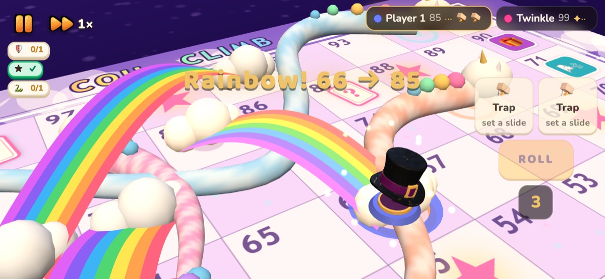 Close-up of the Unicorn board, a rainbow from 66 to 85