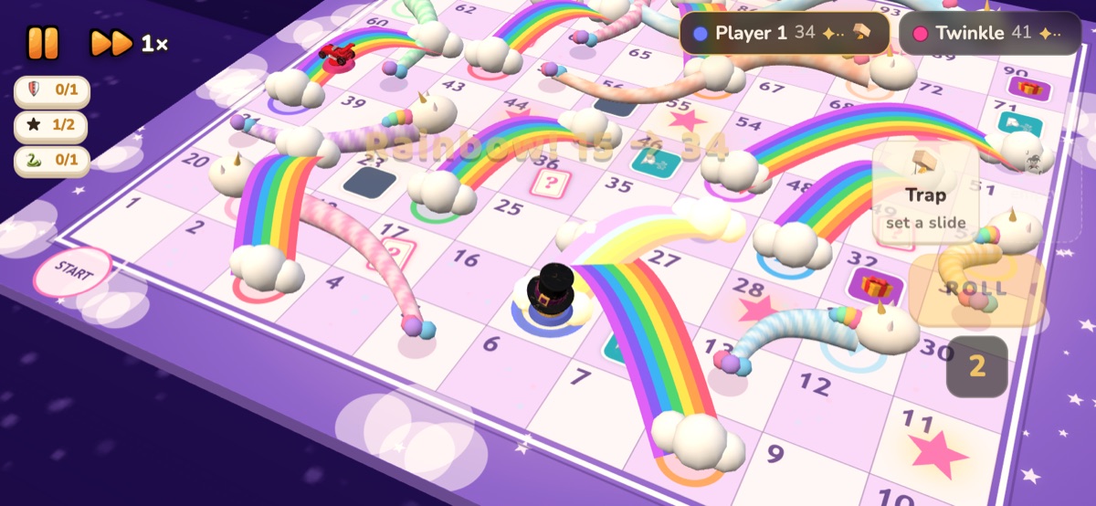 Close-up of the Unicorn board, a rainbow carrying a piece from 15 to 34