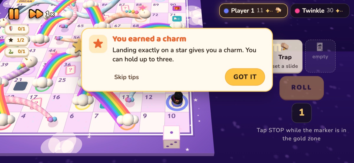 The Unicorn board with the You earned a charm tip open