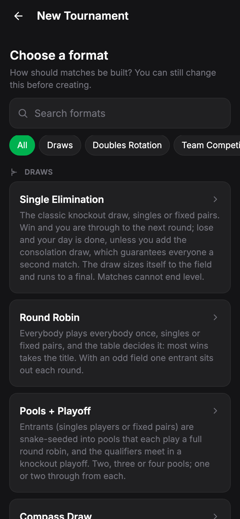 Choosing a tournament format in DTennis
