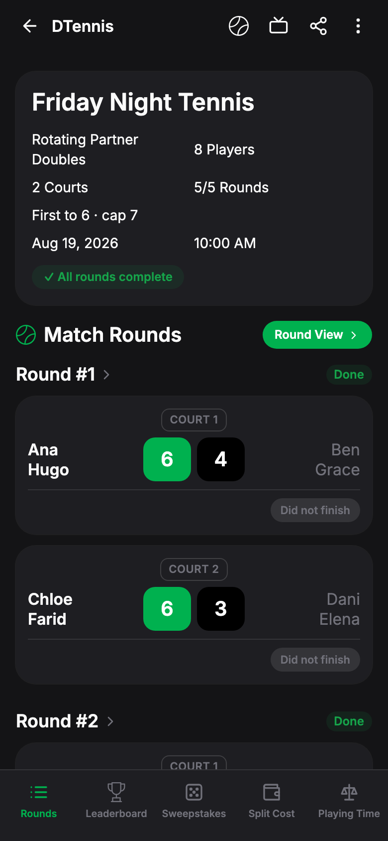 Match rounds and live scores in DTennis