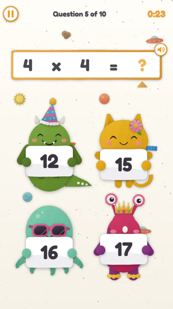 Daily Challenge, question 5 of 10: 4 times 4, with a stopwatch at 23 seconds