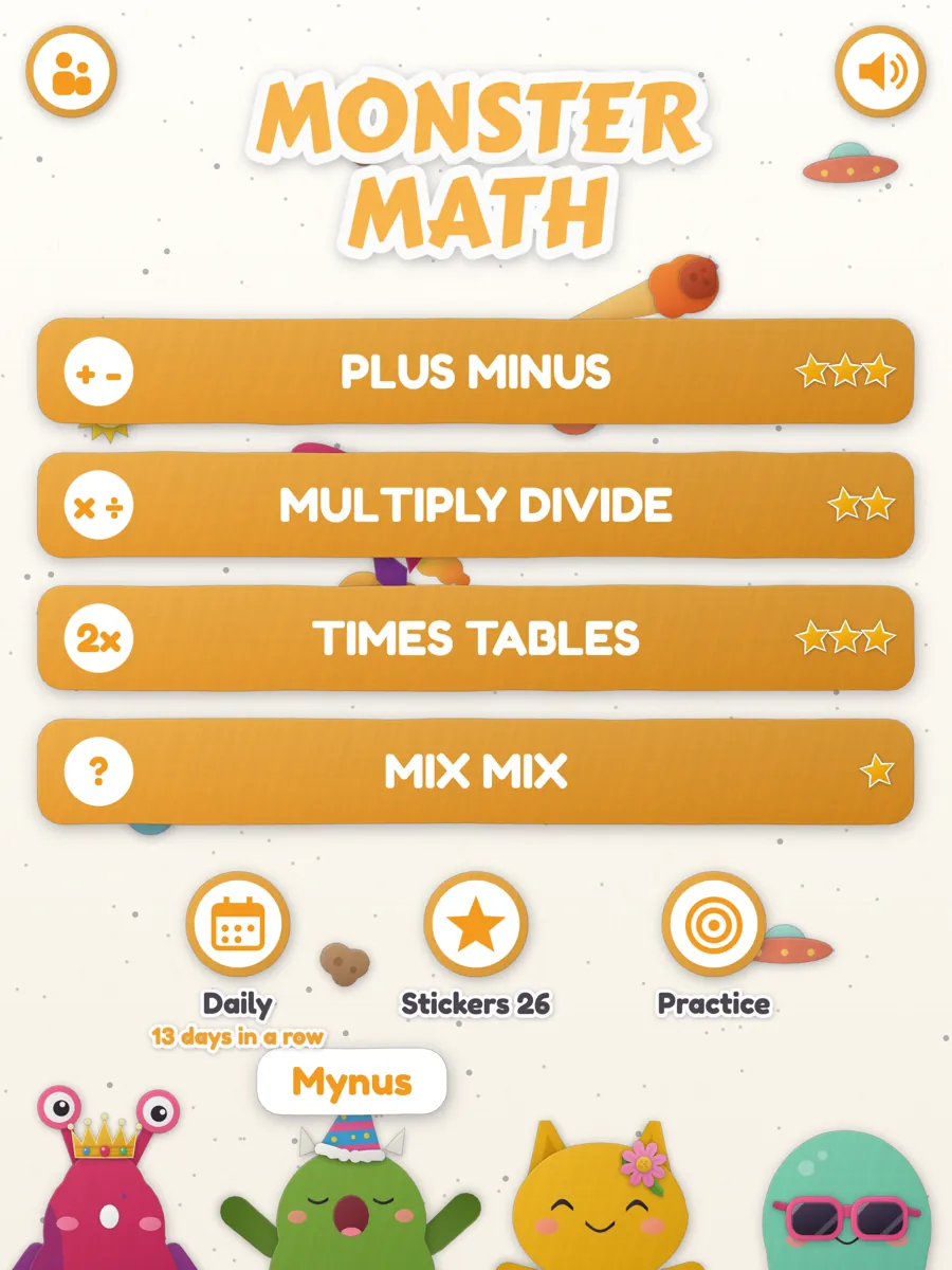 Kidi Monster Math on iPad: the menu with Plus Minus, Multiply Divide, Times Tables and Mix Mix, Daily, Stickers and Practice, and the monsters peeking up