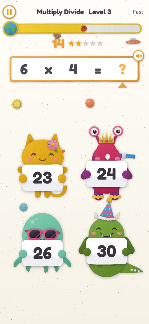 Kidi Monster Math on iPhone: a Multiply Divide round at level 3, 6 times 4 equals question mark, with the monsters holding up 23, 24, 26 and 30