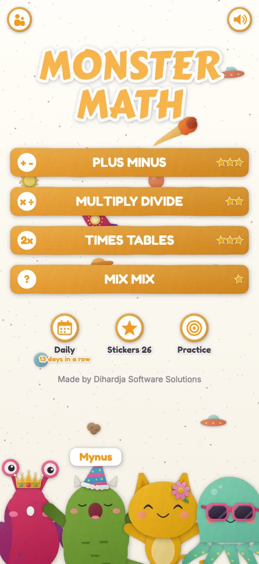 The Kidi Monster Math menu on iPhone: Plus Minus, Multiply Divide, Times Tables and Mix Mix, with Daily, Stickers and Practice, and the four monsters peeking up from the bottom