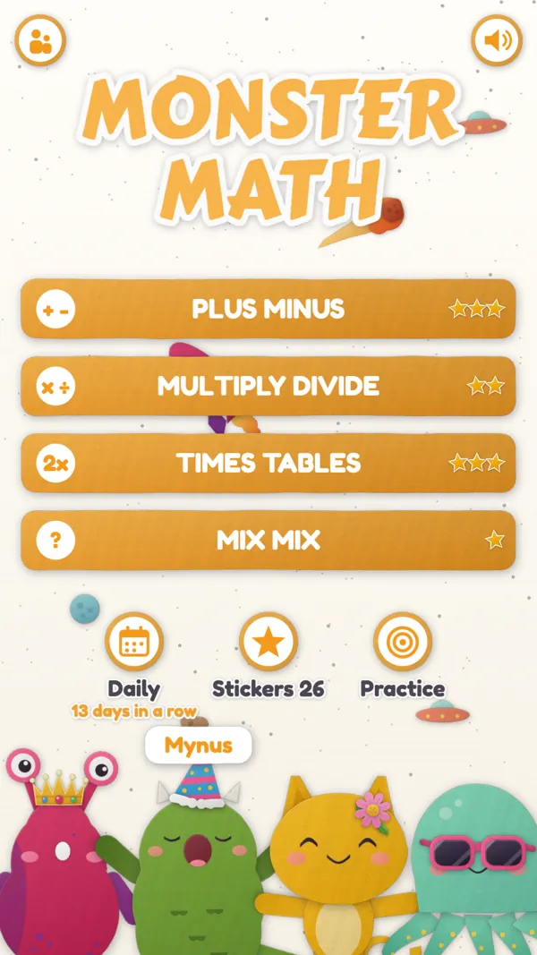 The menu: Plus Minus, Multiply Divide, Times Tables and Mix Mix, with Daily, Stickers and Practice below and the four monsters peeking up