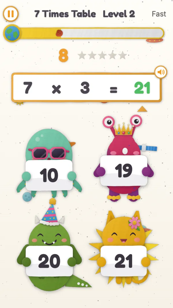 A 7 times table round: 7 times 3, the right answer 21 glows green after a miss