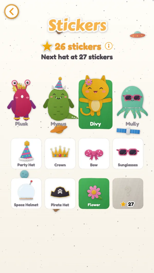 Stickers: 26 stickers collected, the four monsters Plusk, Mynus, Divy and Mully, and a wardrobe of hats