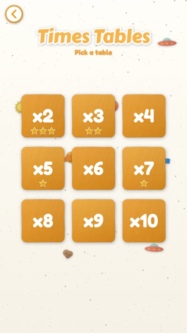 Times Tables: a grid of tables from 2 to 10, with stars earned on some
