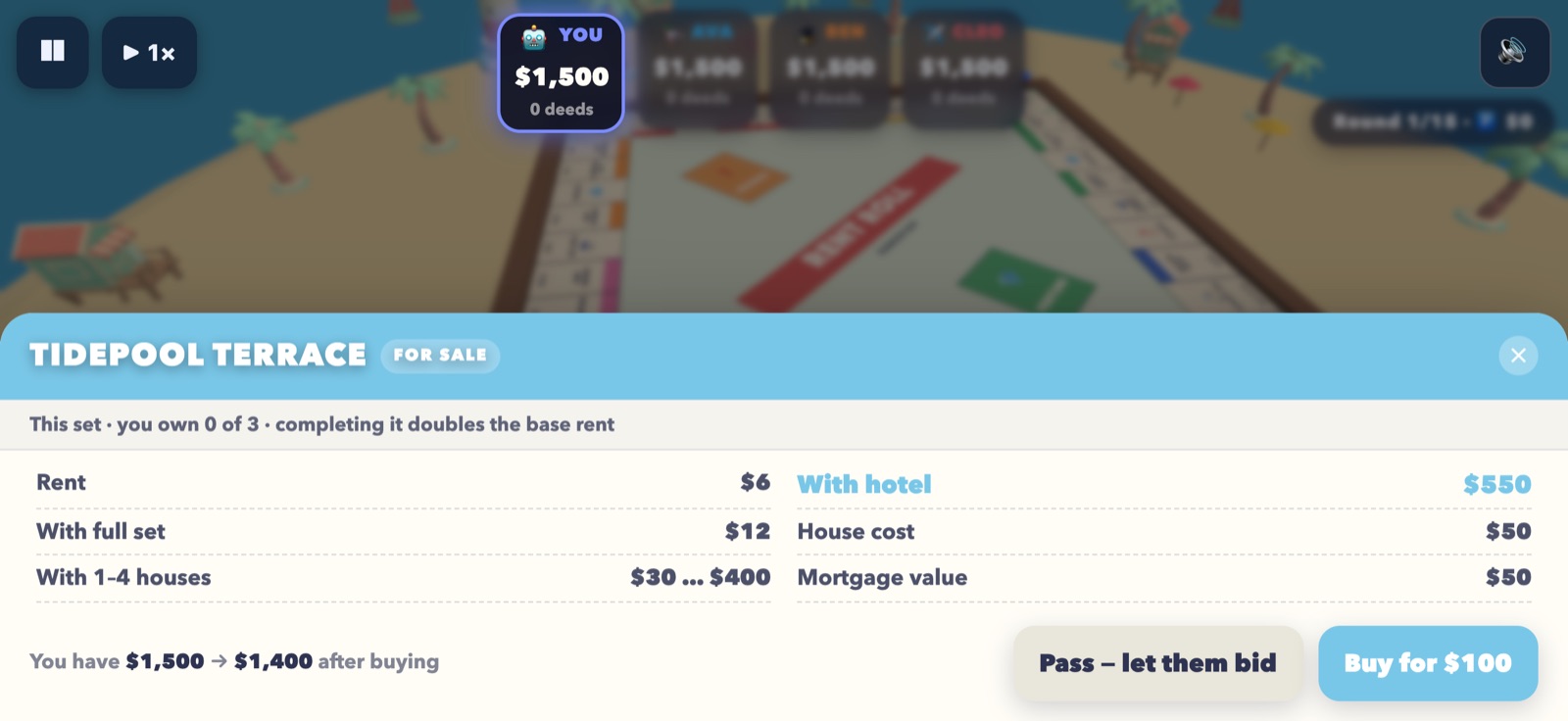 The property sheet for Tidepool Terrace: rent at every stage from base to hotel, the house cost and the mortgage value, over Buy for $100 or Pass and let them bid