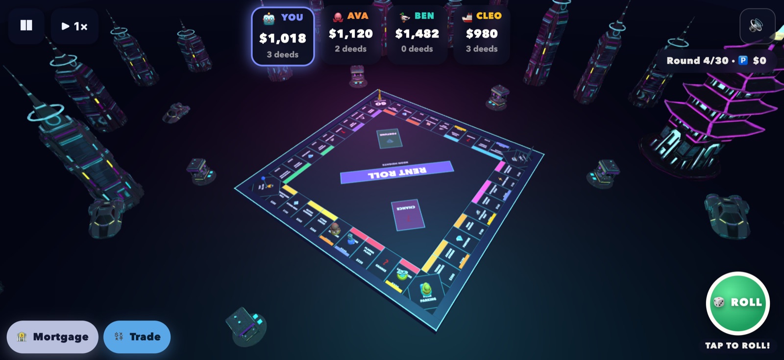 The Neon Heights board seen from above, its cyan and magenta street grid glowing against the dark