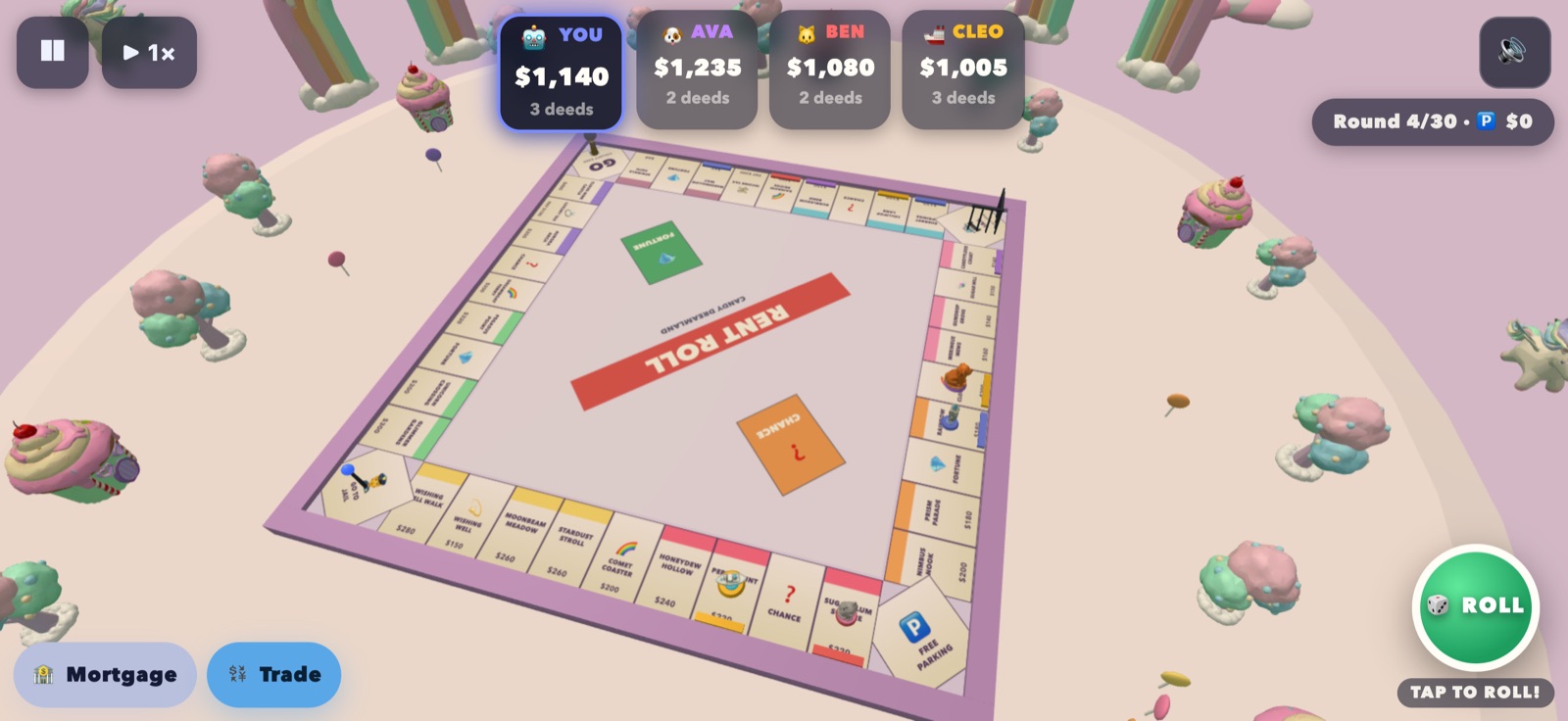 The Candy Dreamland board: a pastel table on a marshmallow island, cupcake cottages and candy trees around it