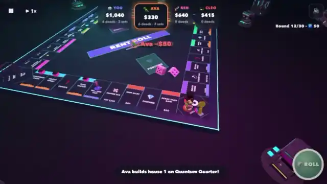 Rent Roll gameplay on the Neon Heights board: the dice thrown, rent changing hands and tokens moving round the table